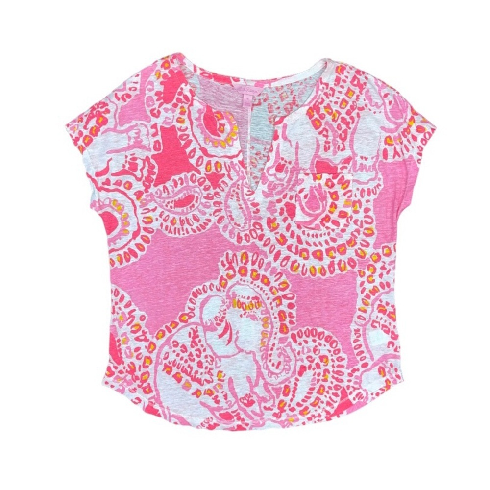 Lilly Pulitzer Duval Top Women’s Size Medium Hot Coral Trunk in Love Linen
